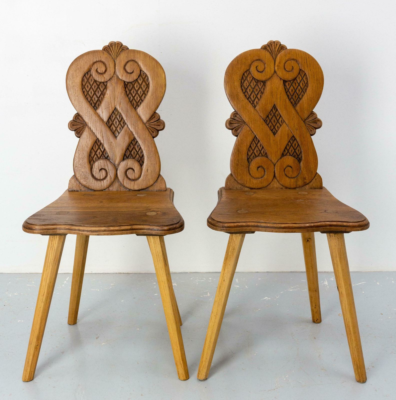 Pair Dining Chairs Swiss Alp Escabelles Oak Brutalist Style, French, Late 19th C photo furniture