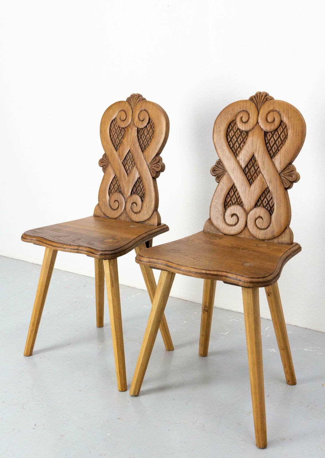 Pair Dining Chairs Swiss Alp Escabelles Oak Brutalist Style, French, Late 19th C photo for sale