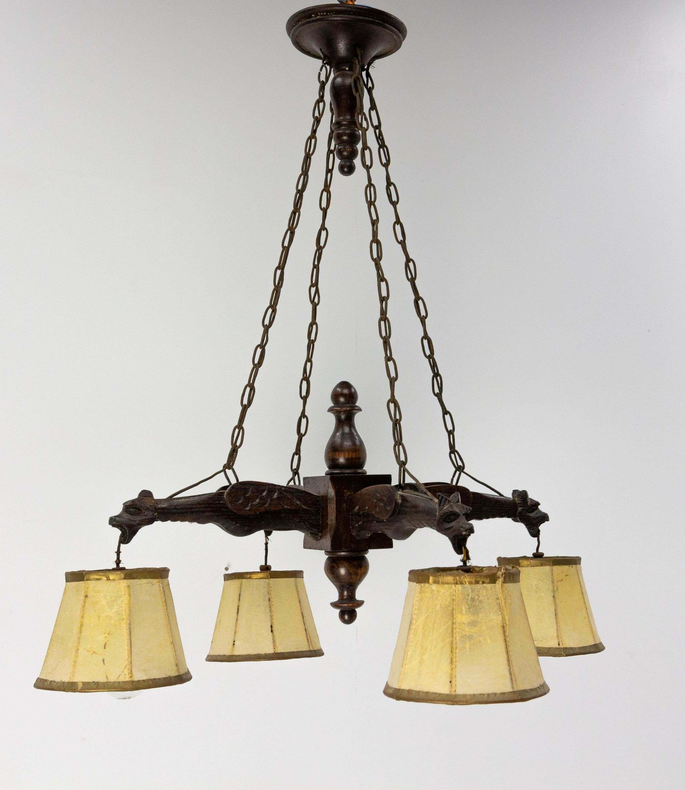 French Wood Lamp Four Gothic Gargouille Art Nouveau Style Pendant Lustre C. 1920 photo furniture