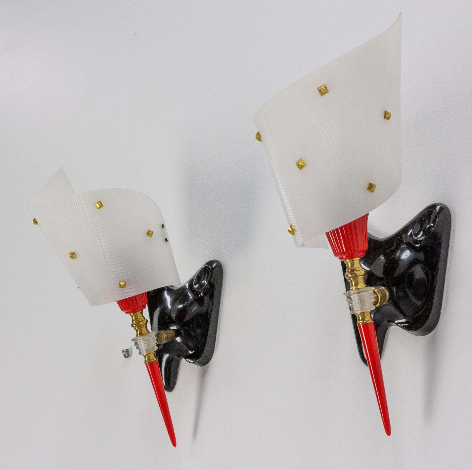Pair Of Sconces Brass And Acrylic Pierre Guariche Lights, French Mid 20thcentury photo vintage