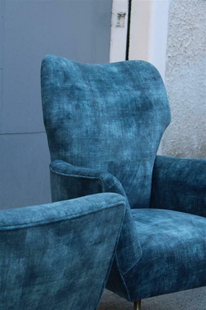 photo for sale Pair Of Mid Century Italian Armchairs With Brass Feet And Blue Velvet Gio Ponti Style