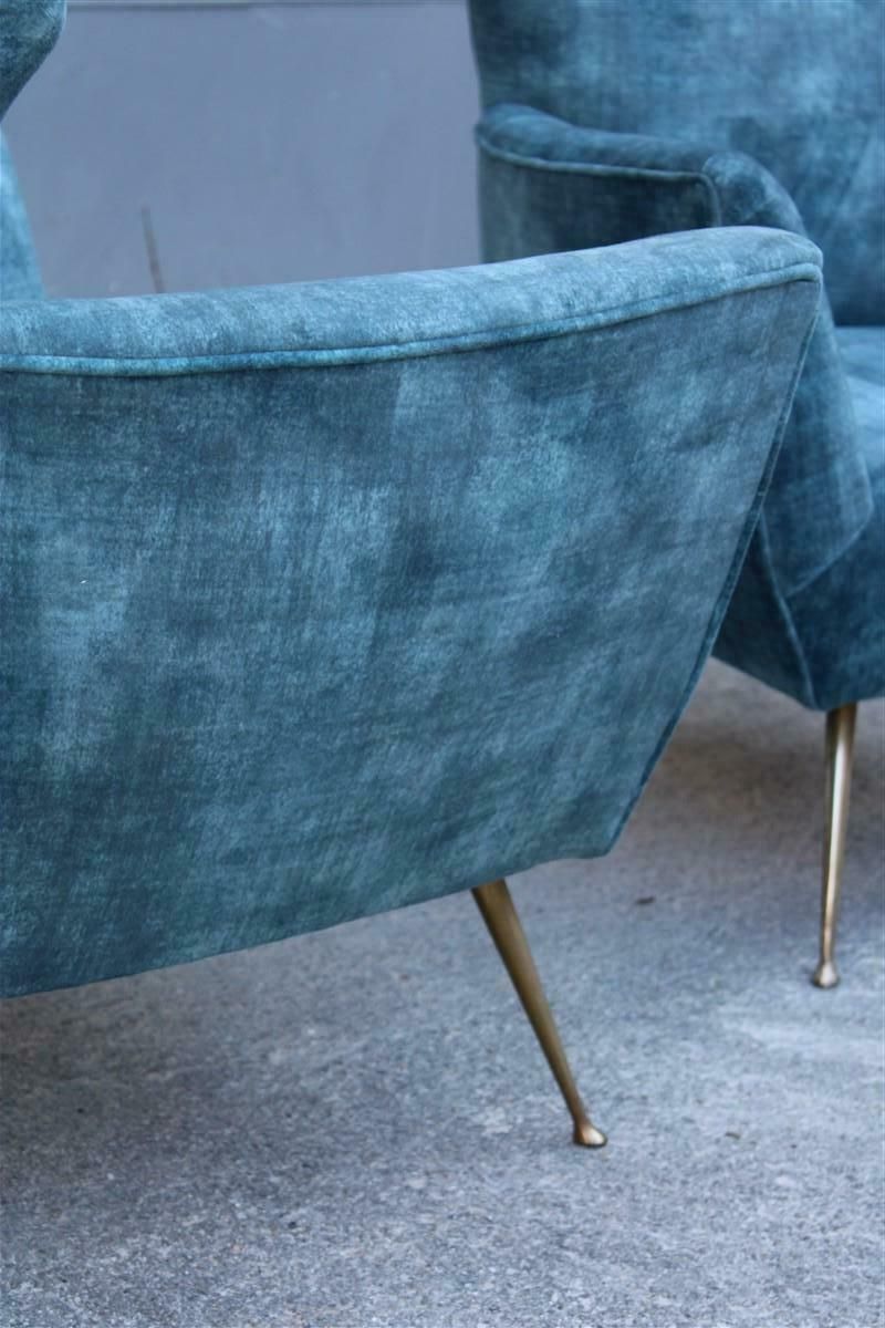 Furniture Pair Of Mid Century Italian Armchairs With Brass Feet And Blue Velvet Gio Ponti Style photo