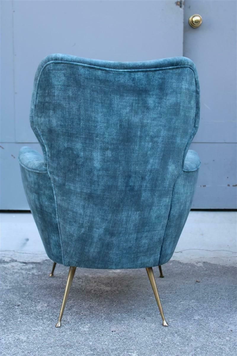 4055.0 Pair Of Mid Century Italian Armchairs With Brass Feet And Blue Velvet Gio Ponti Style photo