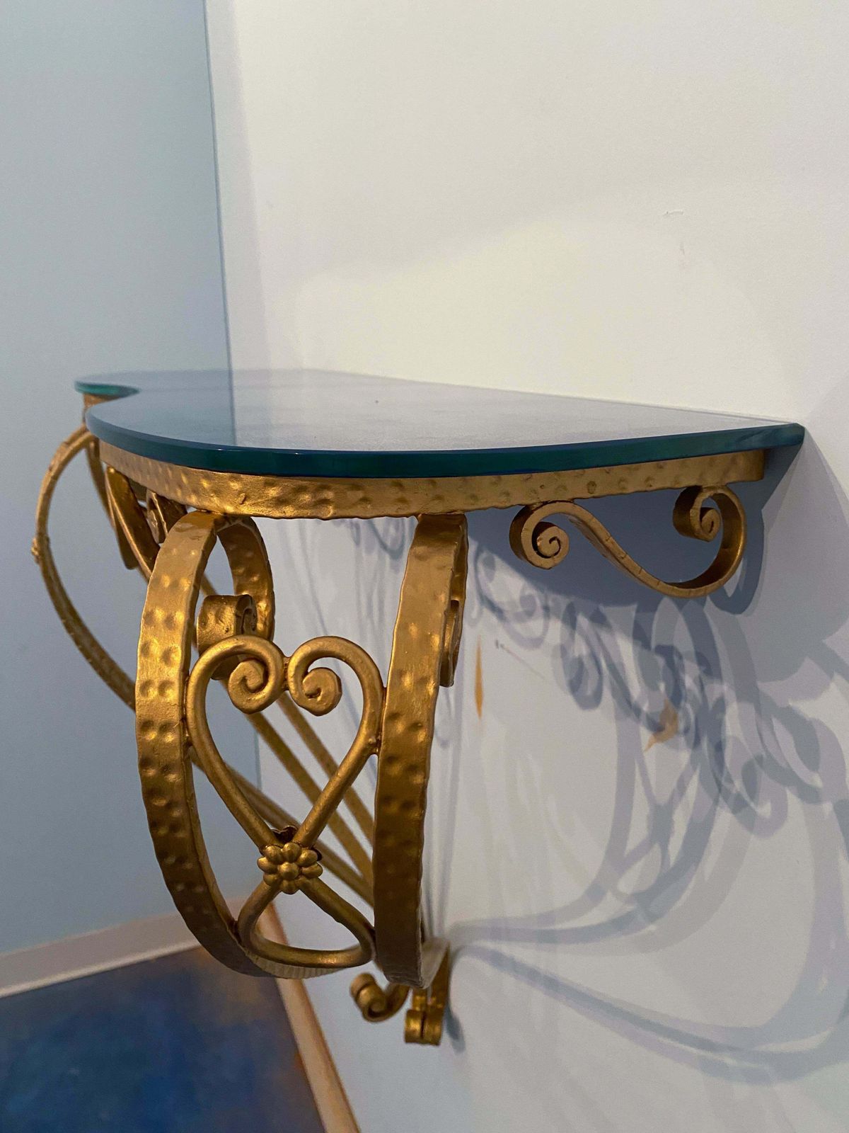 Italian Midcentury Blue Glass Gold Iron Console Table By Pier Luigi Colli photo for sale