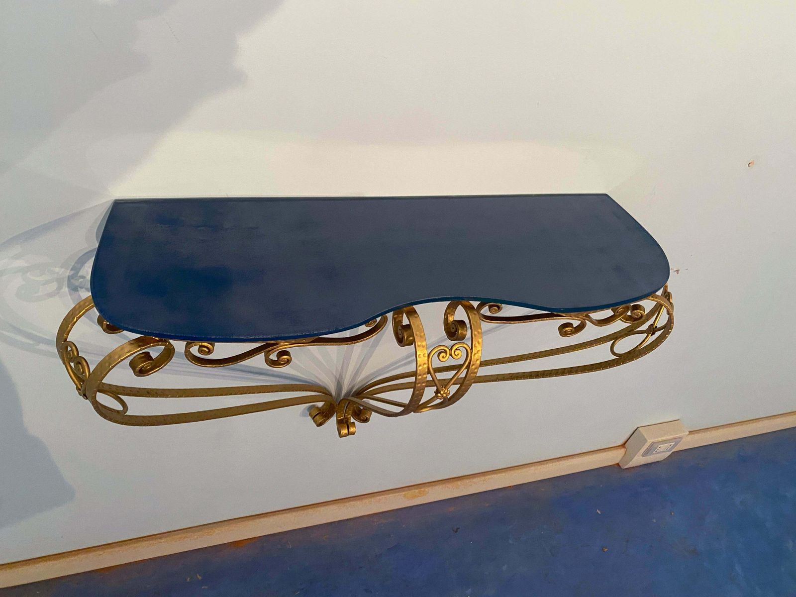 Italian Midcentury Blue Glass Gold Iron Console Table By Pier Luigi Colli photo 2223.0