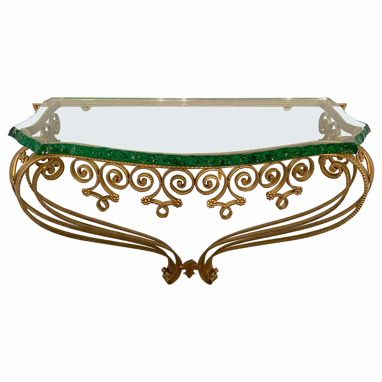 Italian Midcentury Green Crystal Gold Iron Console Table By Pier Luigi Colli