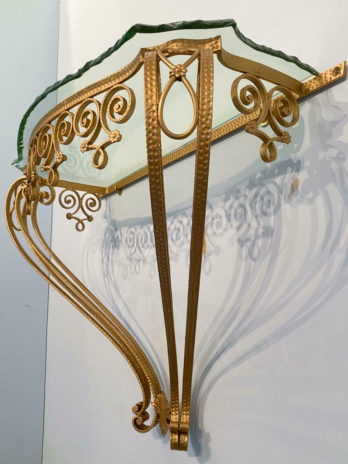 photo for sale Italian Midcentury Green Crystal Gold Iron Console Table By Pier Luigi Colli
