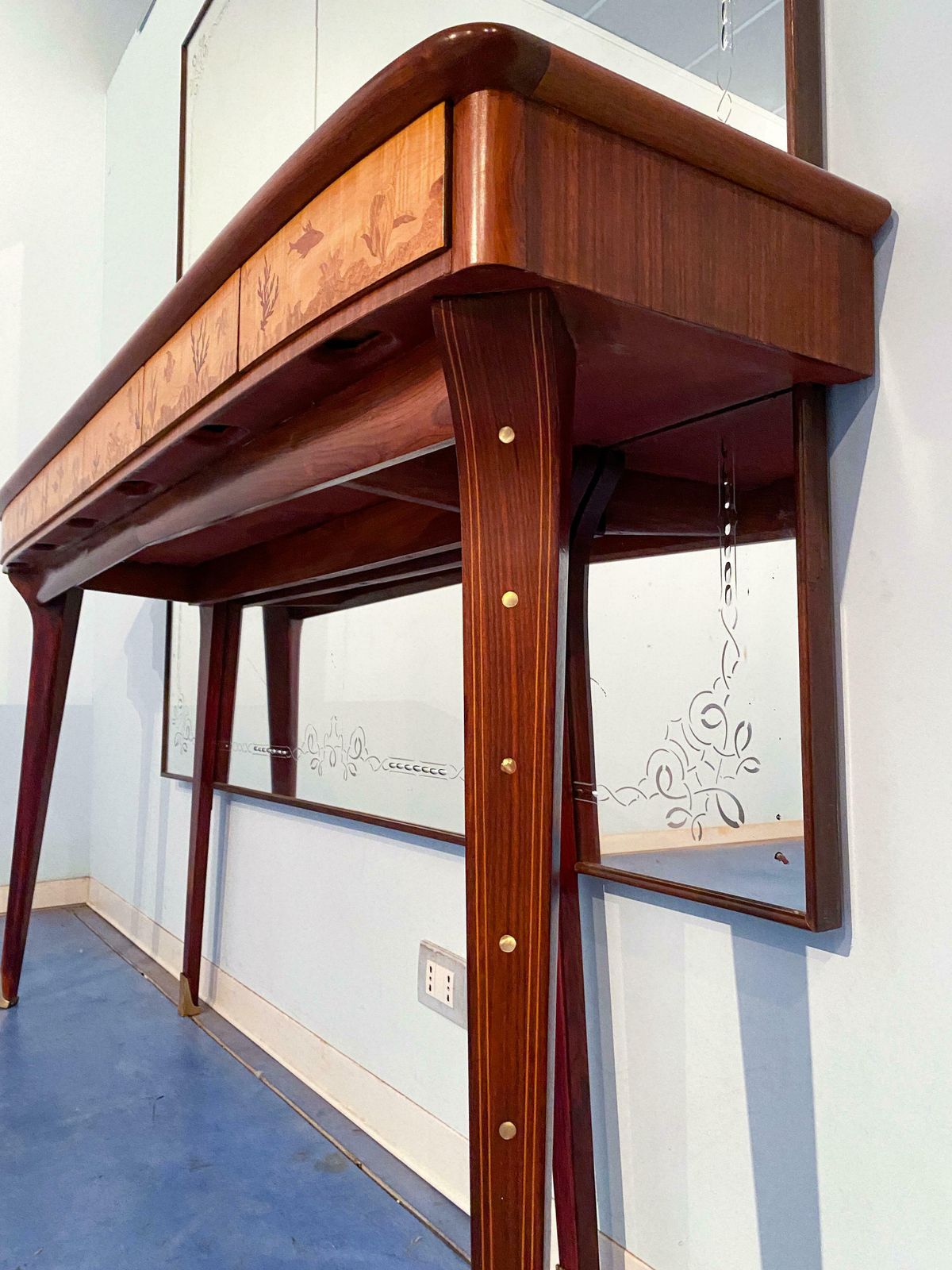 photo for sale Italian Midcentury Inlaid Console With Mirror By Andrea Gusmai, 1950s