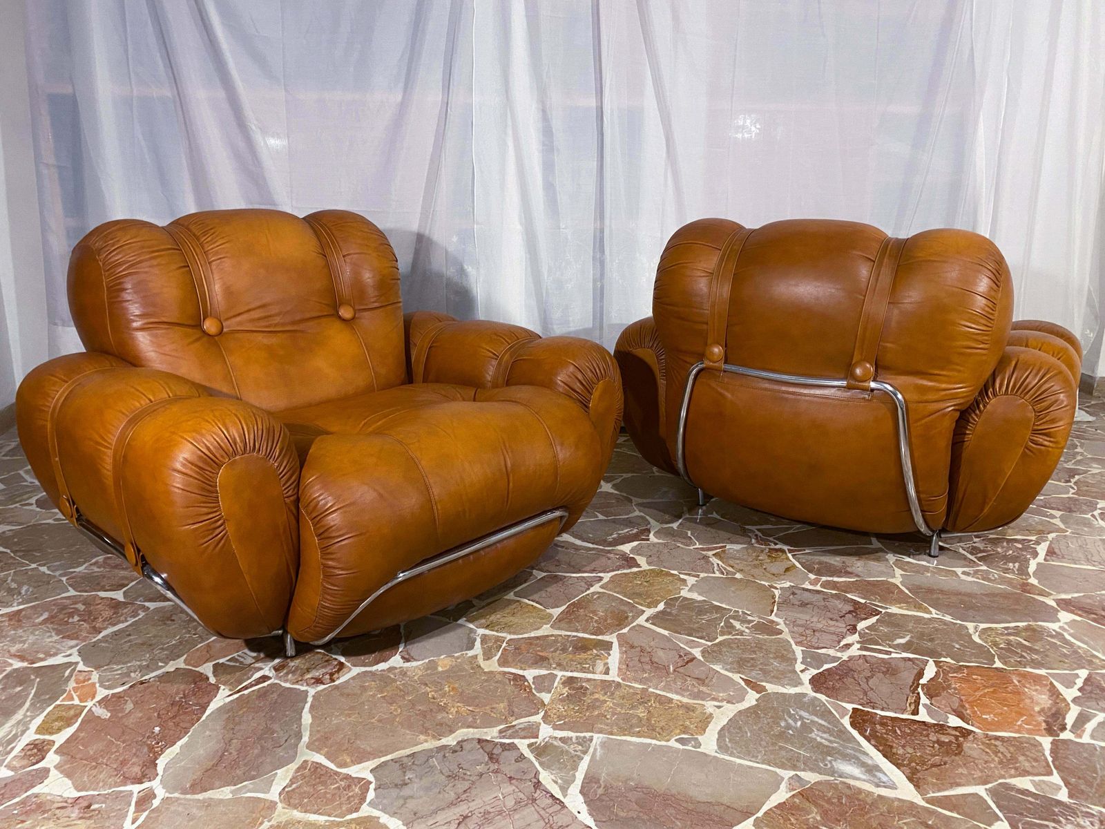 Italian Mid Century Natural Leather Space Age Armchairs, 1970s photo furniture