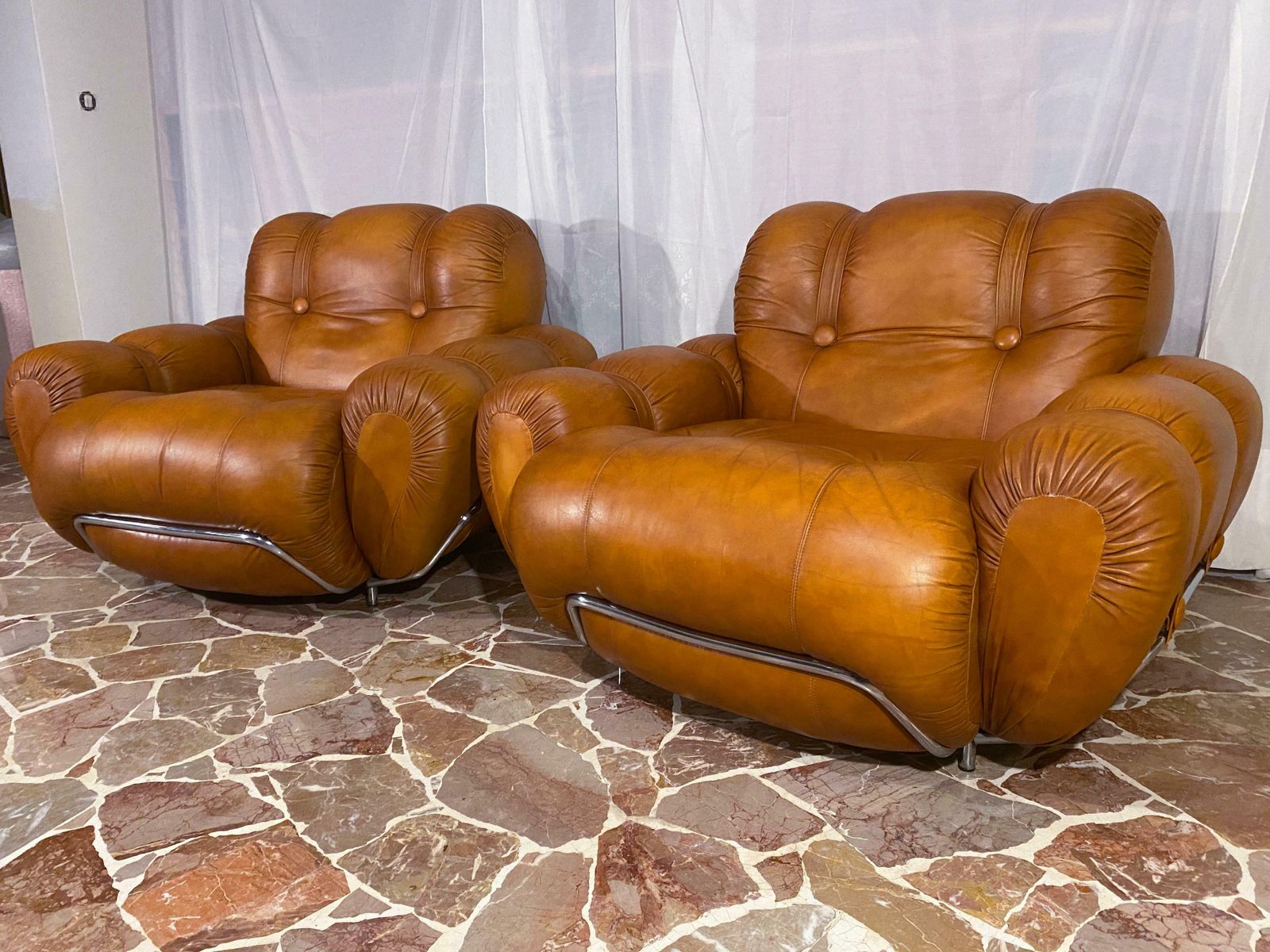 Italian Mid Century Natural Leather Space Age Armchairs, 1970s photo 5335.0
