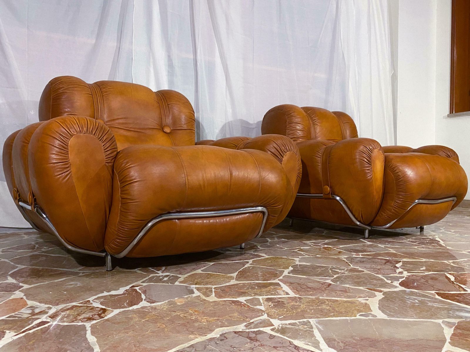 Italian Mid Century Natural Leather Space Age Armchairs, 1970s photo buy