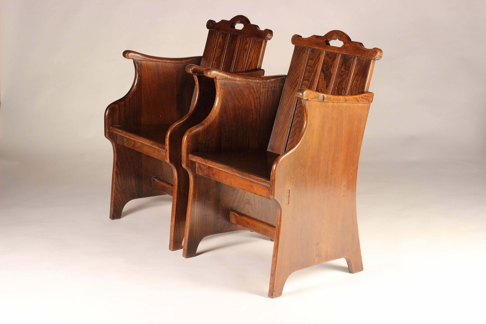 photo buy Set Of Elm Tub Arts And Crafts Chairs With Panelled Backs And Carry Handles