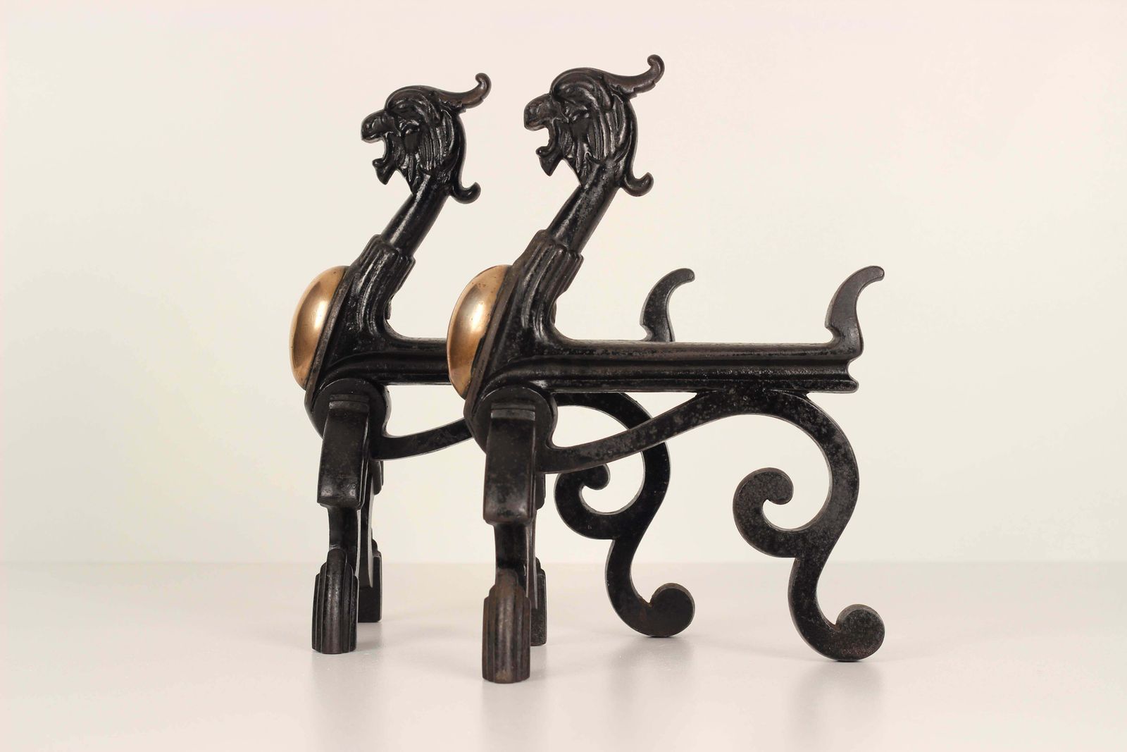 19th Century Victorian Gothic Fire Dogs Or Fire Dogs In The Shape Of Gryphons photo for sale