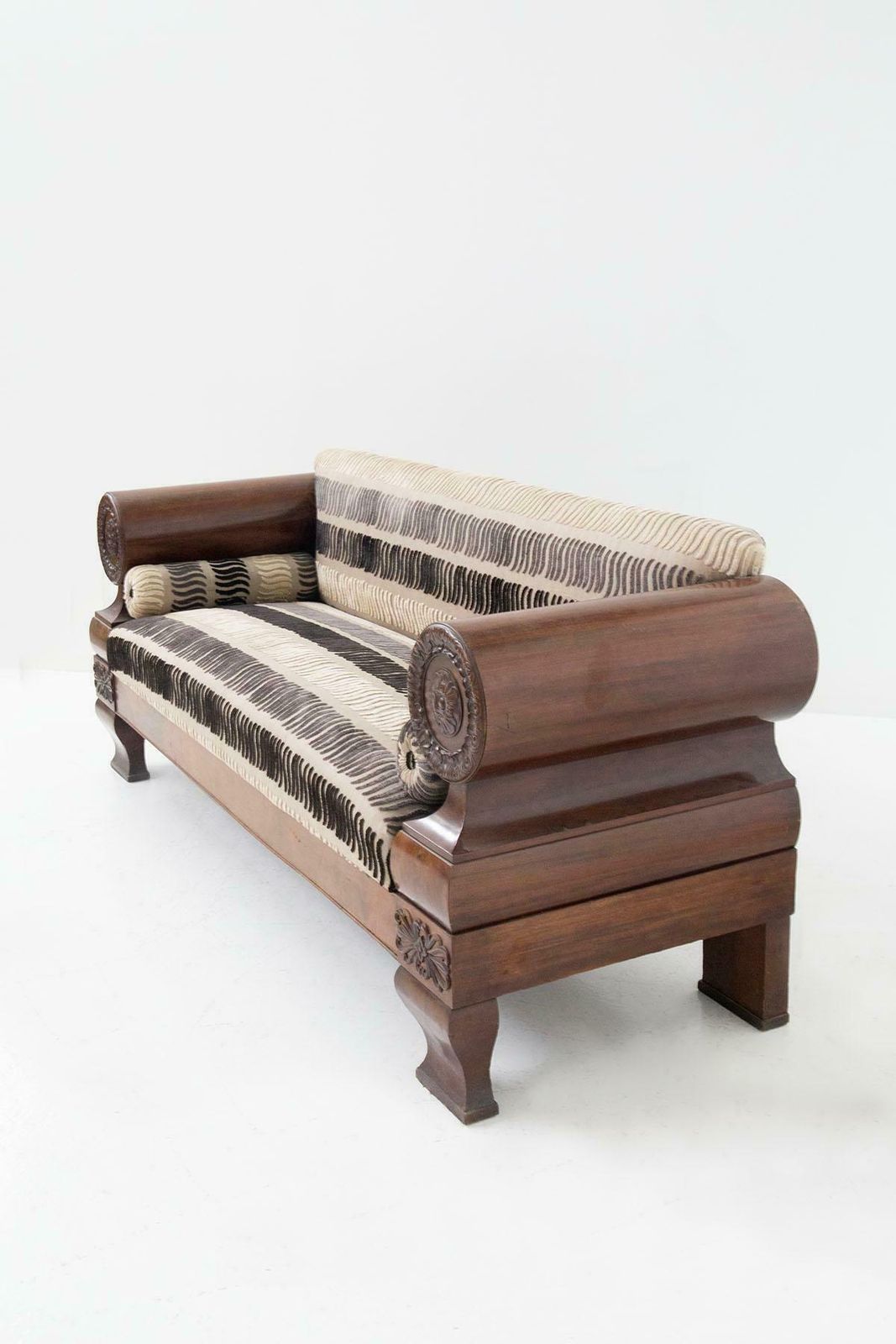 Furniture Antique Biedermeier Sofa Made Of Velvet Fabric And Carved Wood photo