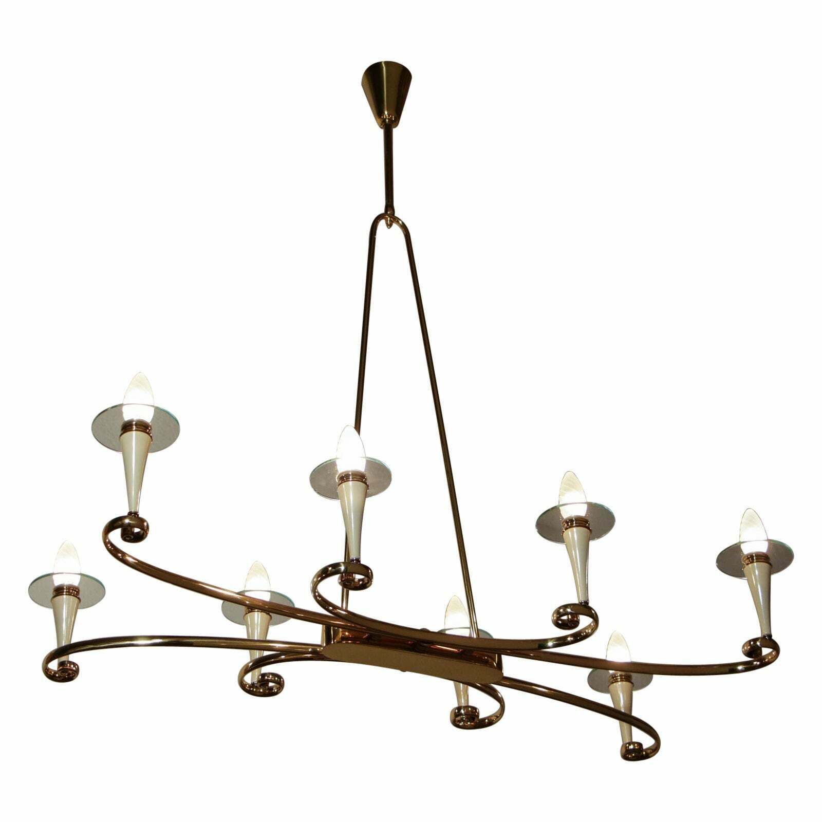 Italian Midcentury Gold And Ivory Color Eight Lights Chandelier, 1950s
