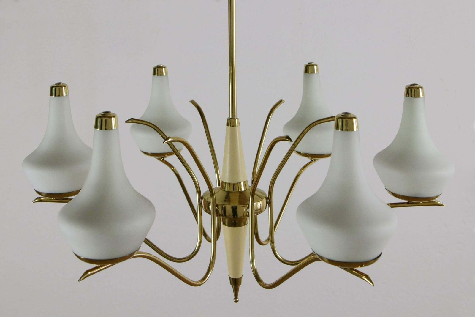 photo furniture Italian Midcentury Six Lights Gold And Ivory Chandelier Attributed To Stilnovo