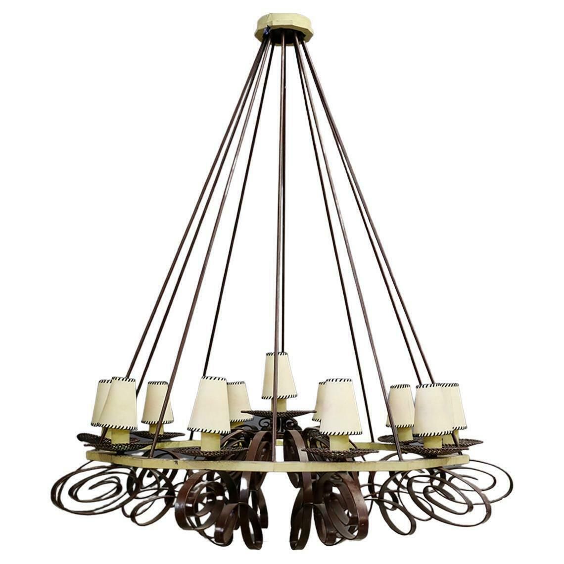 Impressive French Art Deco Chandelier In Painted Metal And Fabric