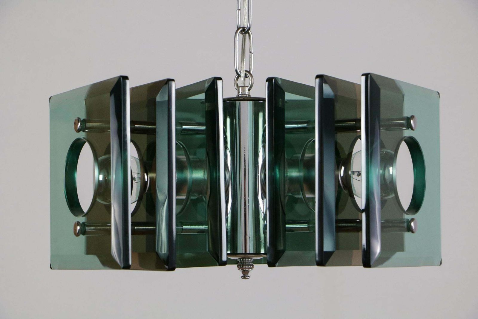 Italian Space Age Square Green Color Chandelier By Lupi Cristal Luxor, 1950s photo Lighting
