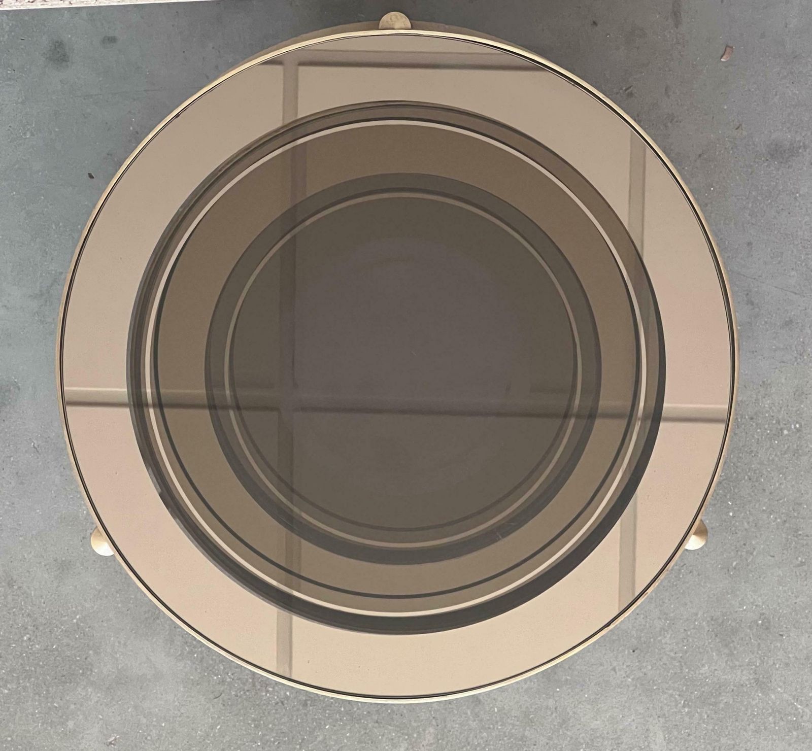 photo for sale Set Of Three Round Brass Nesting Tables With Smoked Pink Glass Tops