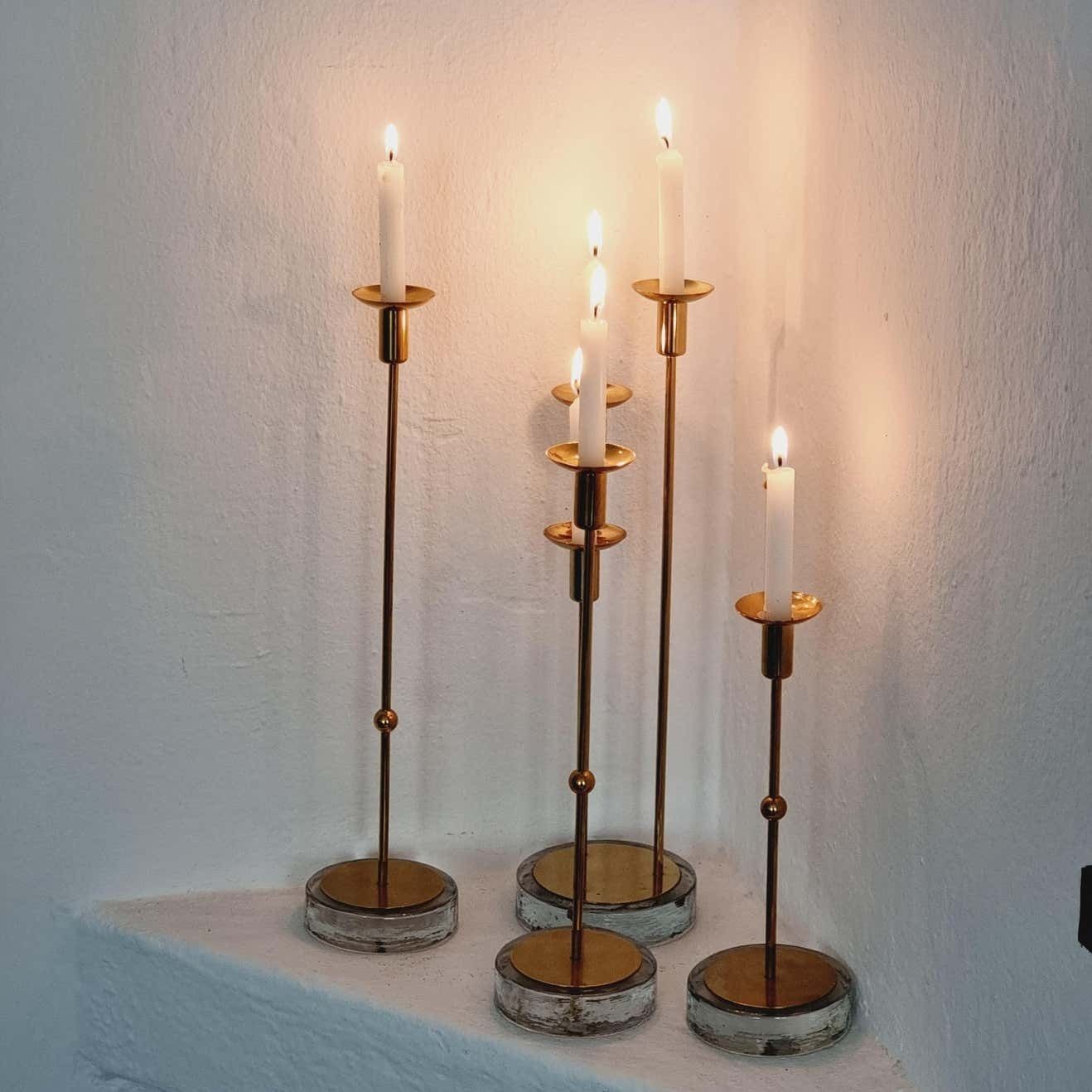 1818.0 Gunnar Ander, Four Candle Holders, Brass & Glass, Ystad Metall, Swedish Modern photo
