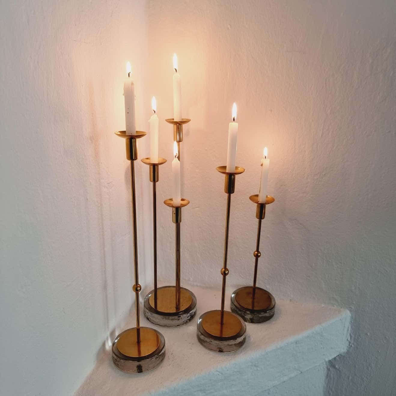 photo vinterior Gunnar Ander, Four Candle Holders, Brass & Glass, Ystad Metall, Swedish Modern