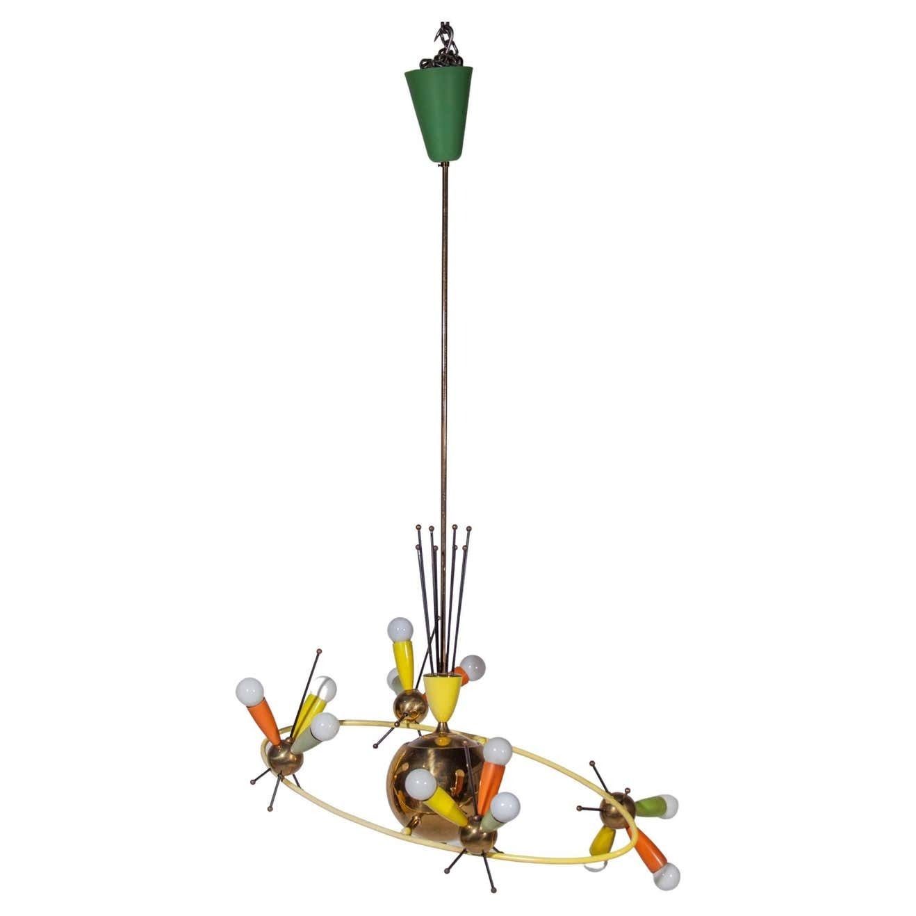 Space Age Fifties Brass Multicoloured Chandelier Style Angelo Lelli, 1959 photo for sale