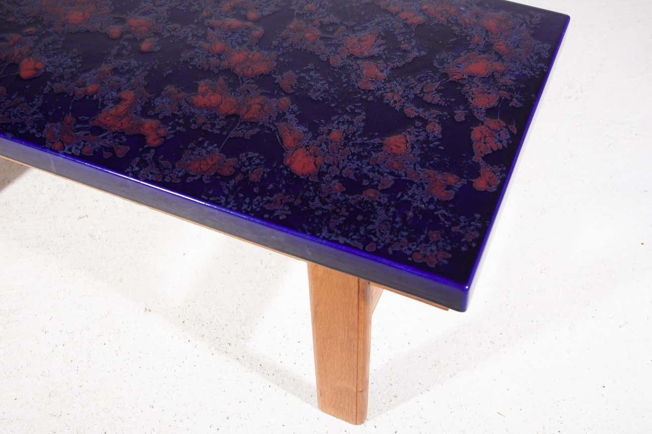 Large Rectangular Top Ceramic Blue And Orange Tile Coffee Table, 1970s photo for sale