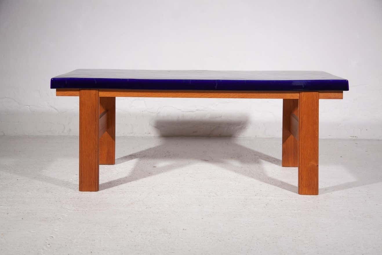 photo furniture Large Rectangular Top Ceramic Blue And Orange Tile Coffee Table, 1970s