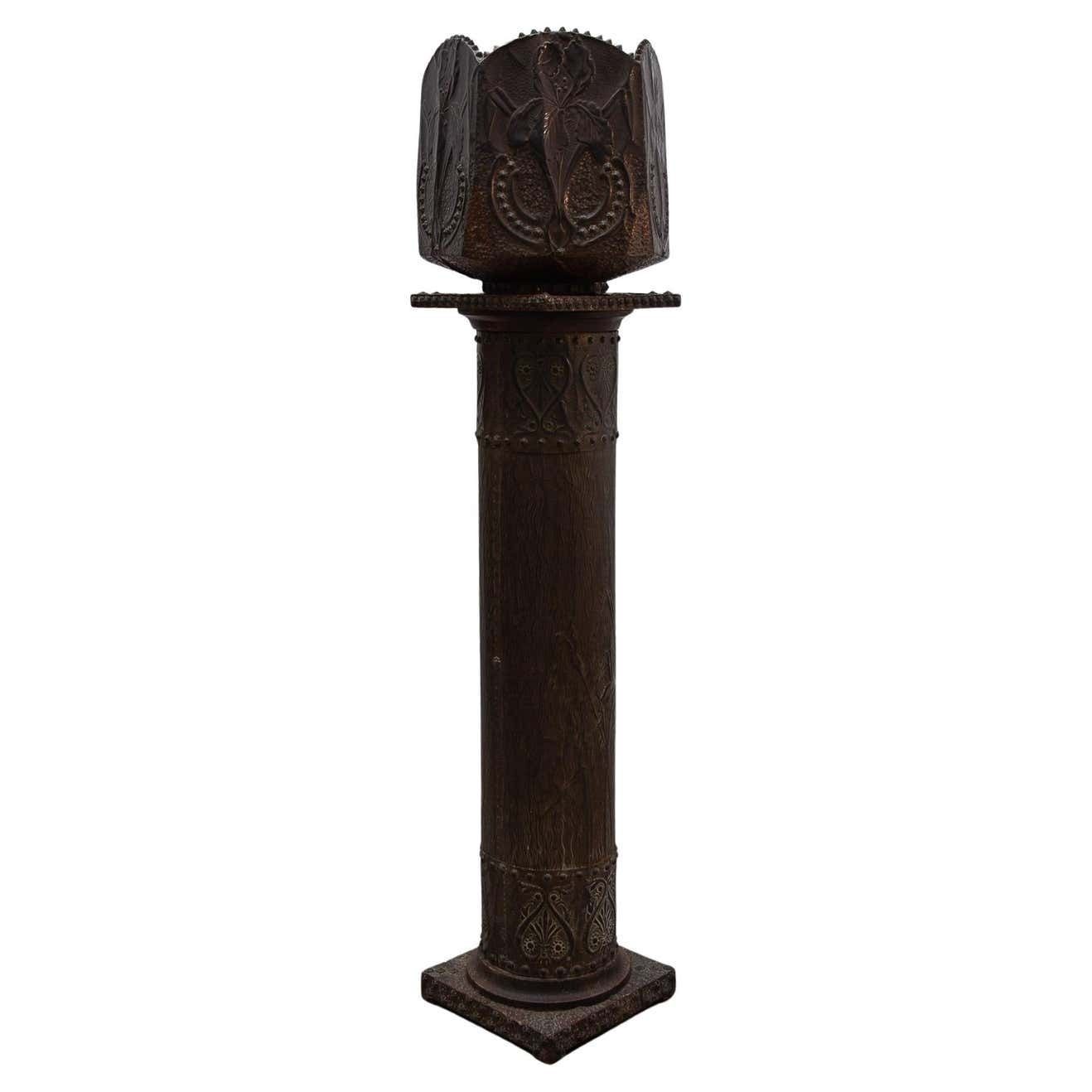 Art Nouveau Pedestal And Planter In Hammered Copper By Large Iris Flowers photo vinterior