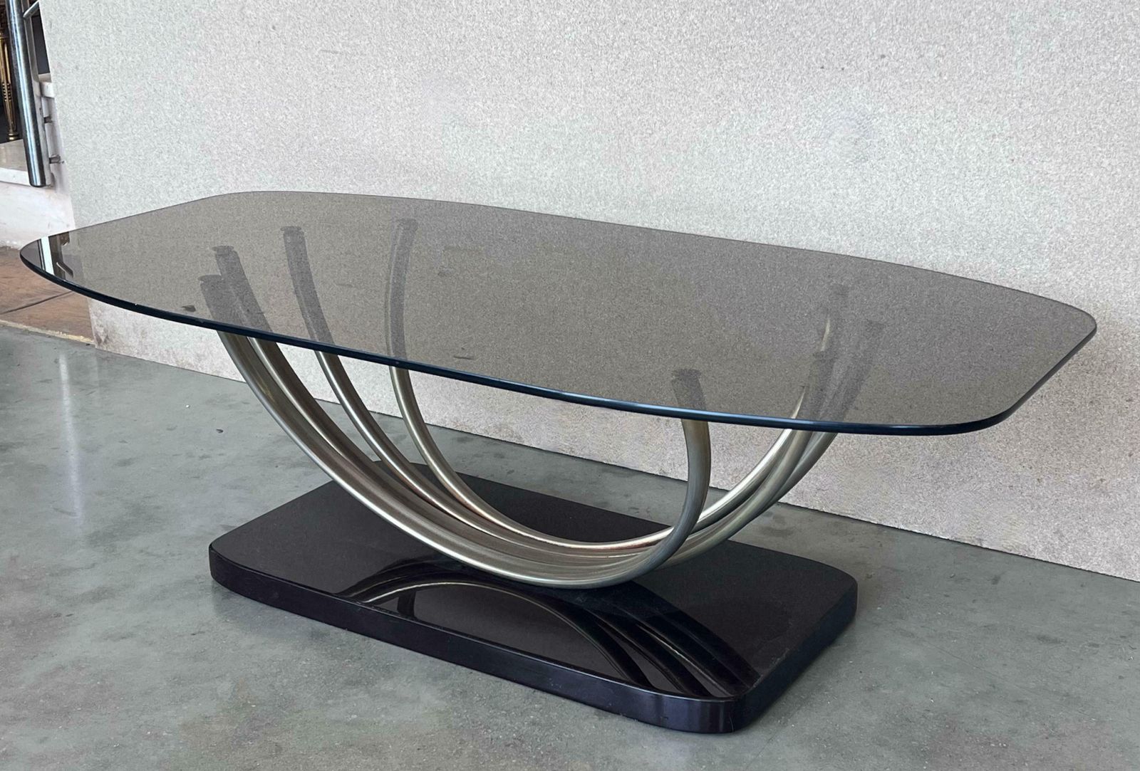 Art Decó Chrome Coffee Table With Fumé Glass Top And Ebonised Base photo Furniture