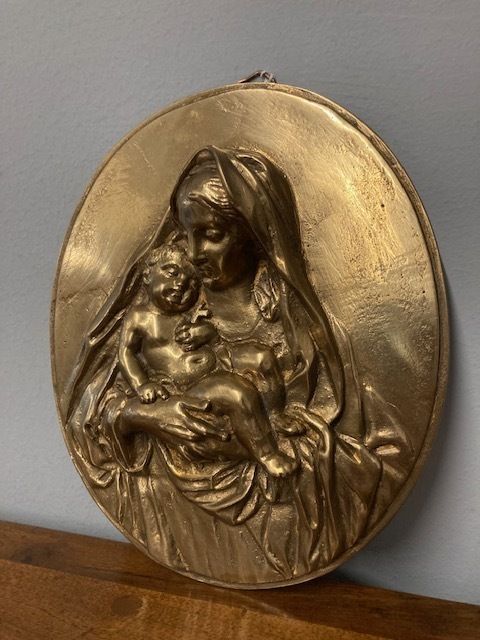 Ancient Bronze Depicting A Virgin With Child. Oval High Relief 19th Century