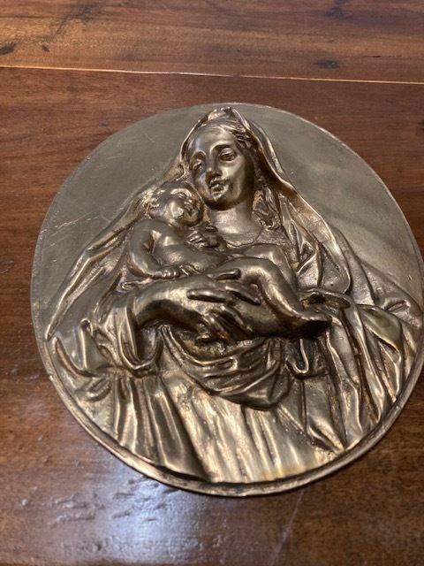 Ancient Bronze Depicting A Virgin With Child. Oval High Relief 19th Century photo furniture