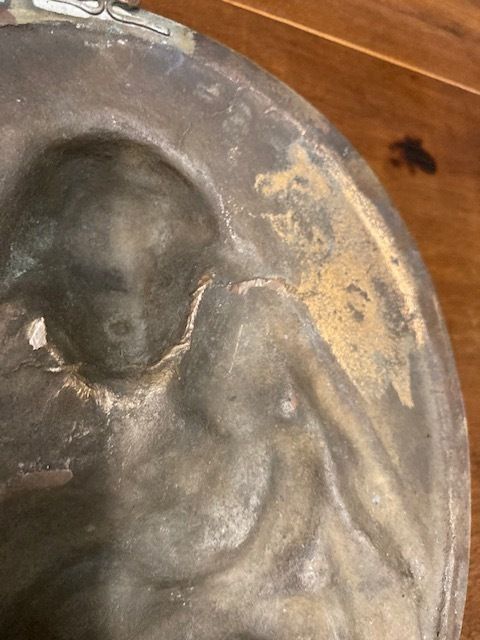 Ancient Bronze Depicting A Virgin With Child. Oval High Relief 19th Century photo Art