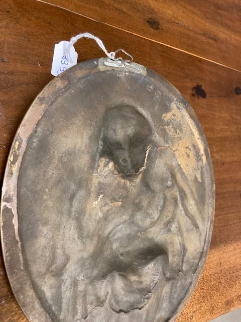 Ancient Bronze Depicting A Virgin With Child. Oval High Relief 19th Century photo 326.56