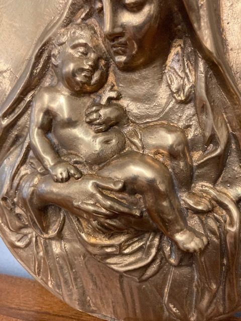 Ancient Bronze Depicting A Virgin With Child. Oval High Relief 19th Century photo vintage