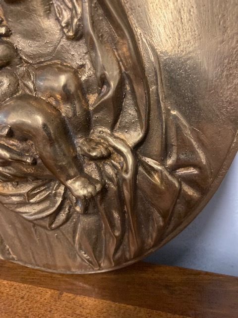 photo furniture Ancient Bronze Depicting A Virgin With Child. Oval High Relief 19th Century