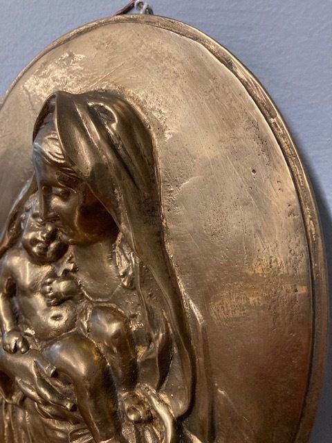 photo for sale Ancient Bronze Depicting A Virgin With Child. Oval High Relief 19th Century