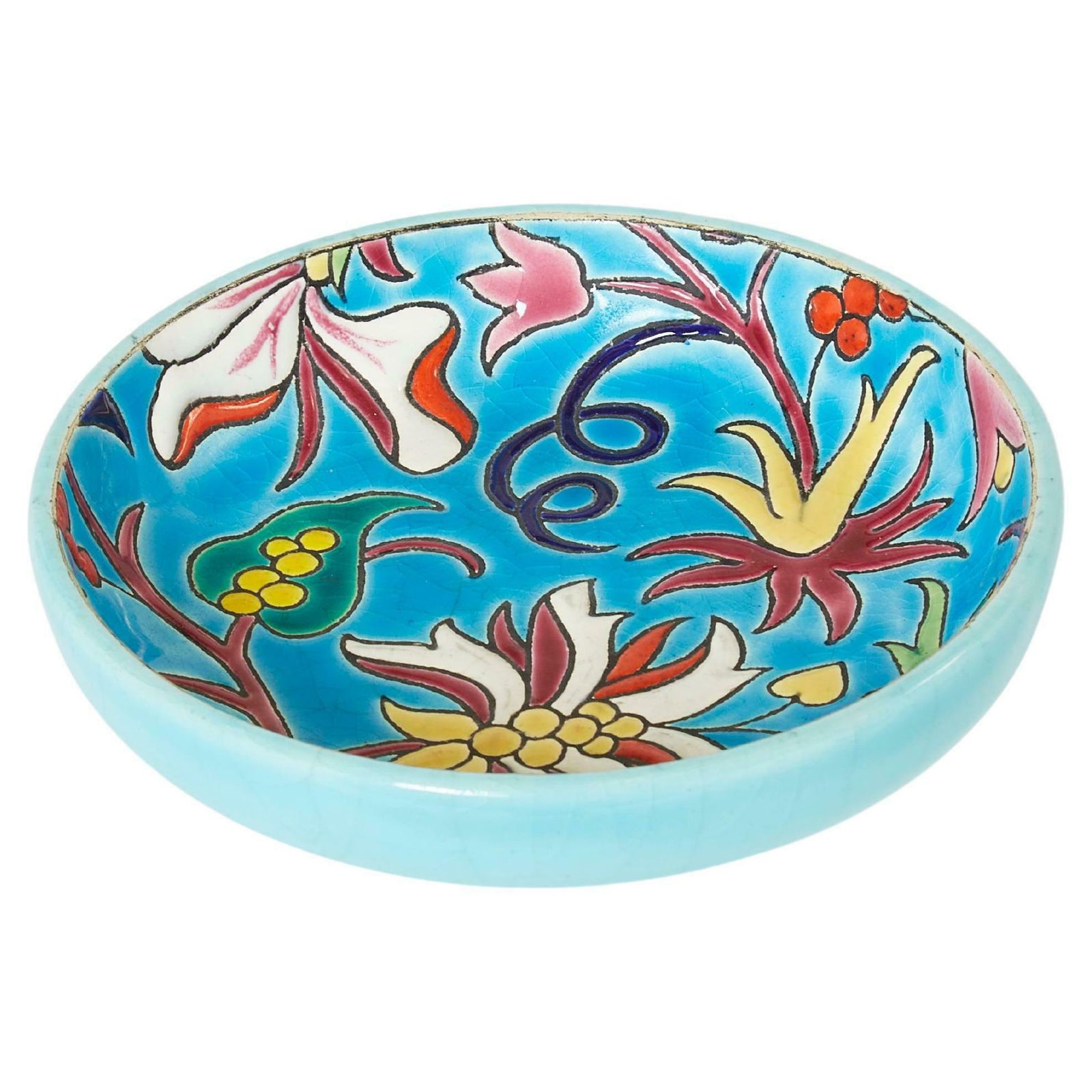 Blue Flowers Art Deco Bowl Emaux De Longwy, 1950