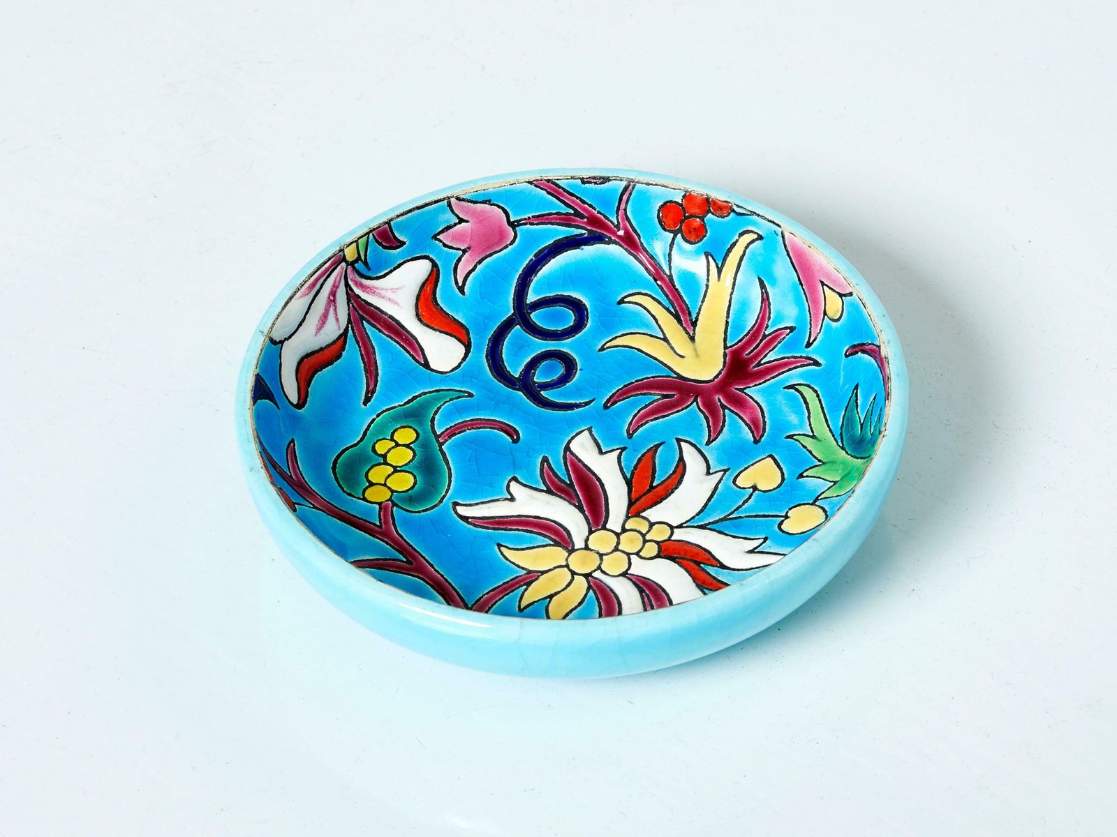 Blue Flowers Art Deco Bowl Emaux De Longwy, 1950 photo Home Decor