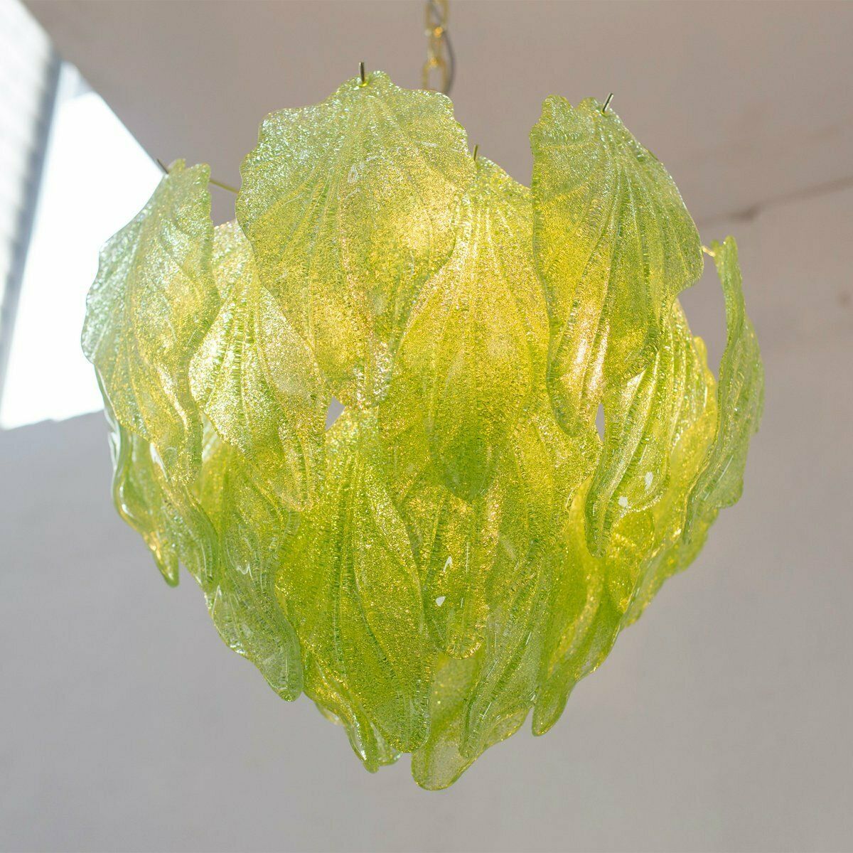 photo furniture Murano Glass Suspension Chandelier With Green Leaves, Italy, 1990s