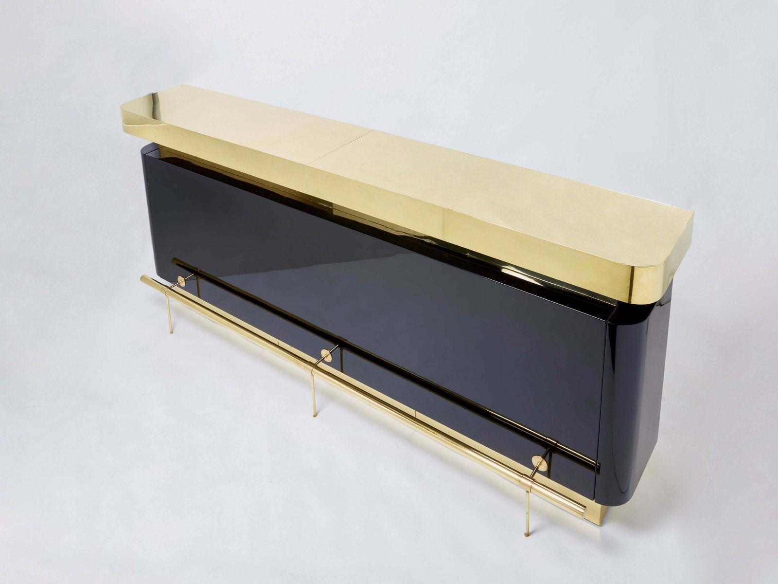 photo furniture Unique J.C. Mahey Black Lacquered Brass Bar Cabinet Counter 1970s