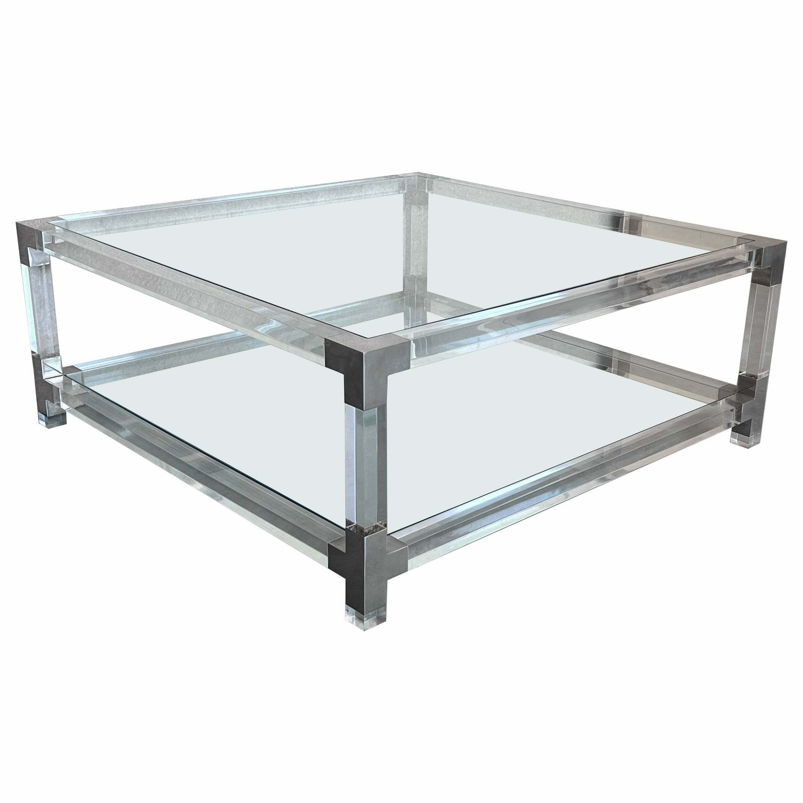 Table basse carrée mid-century en lucite avec détails en métal chromé