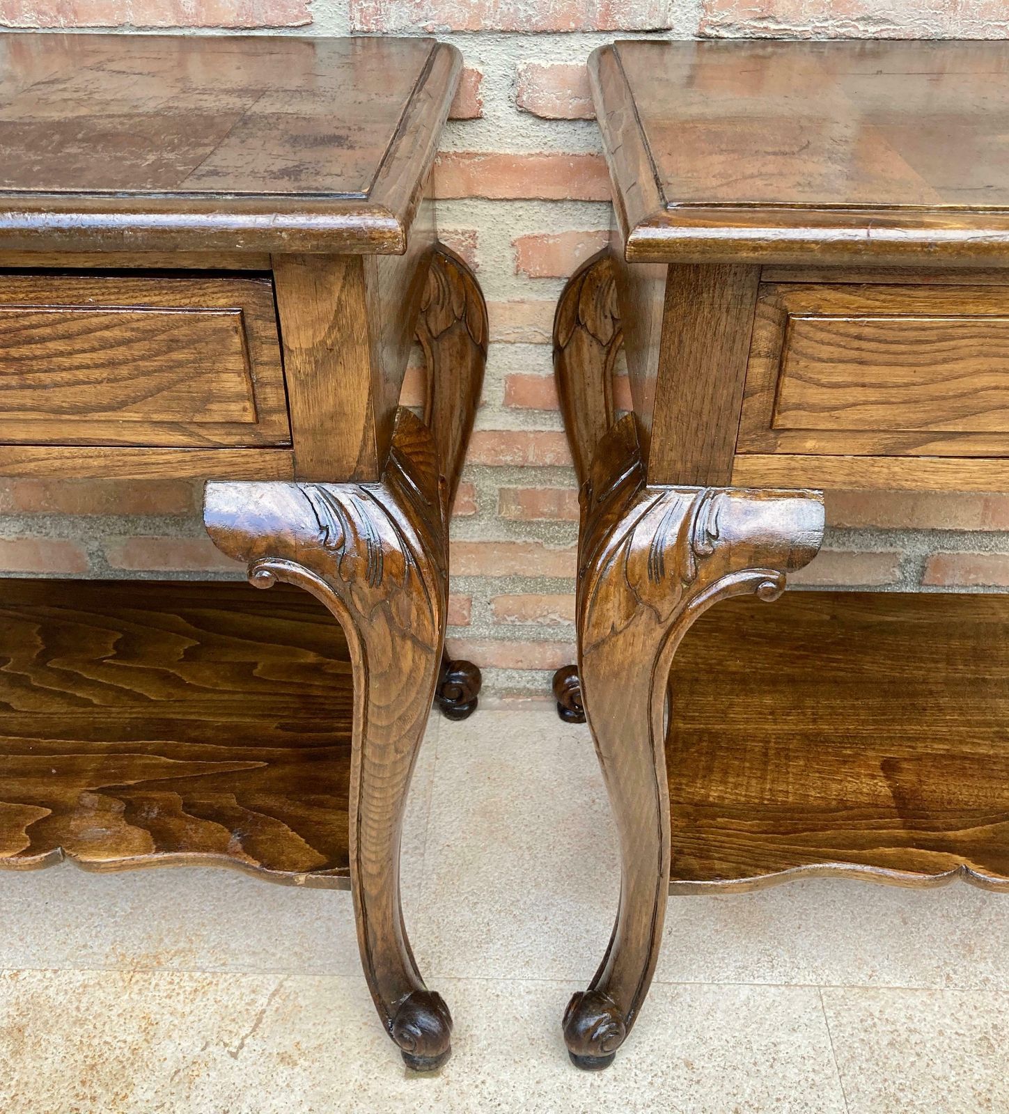 French Louis XV Style Walnut Bedside Tables With Drawer And Open Shelf, 1930s, S photo for sale