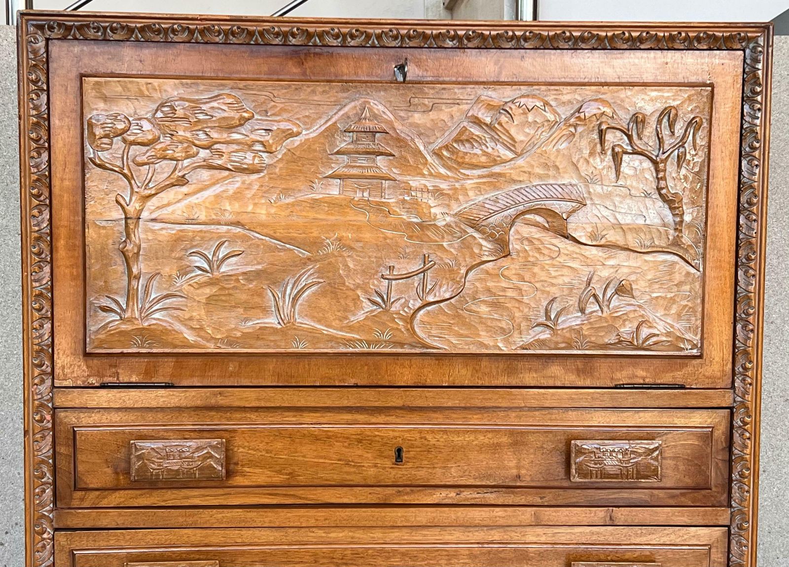 Spanish Fall Front Secretary Desk In Carved Oak, Spain, Circa 1950 photo buy