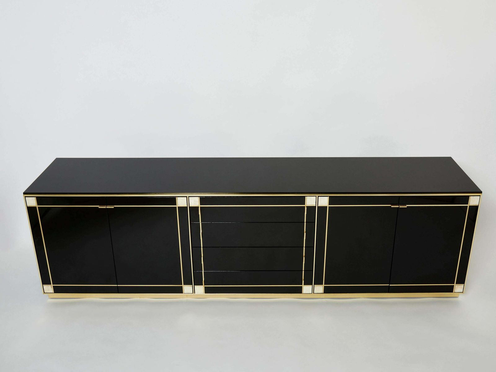 Pierre Cardin Sideboard Brass Black Lacquered Shell Inlays, 1980s photo vinterior