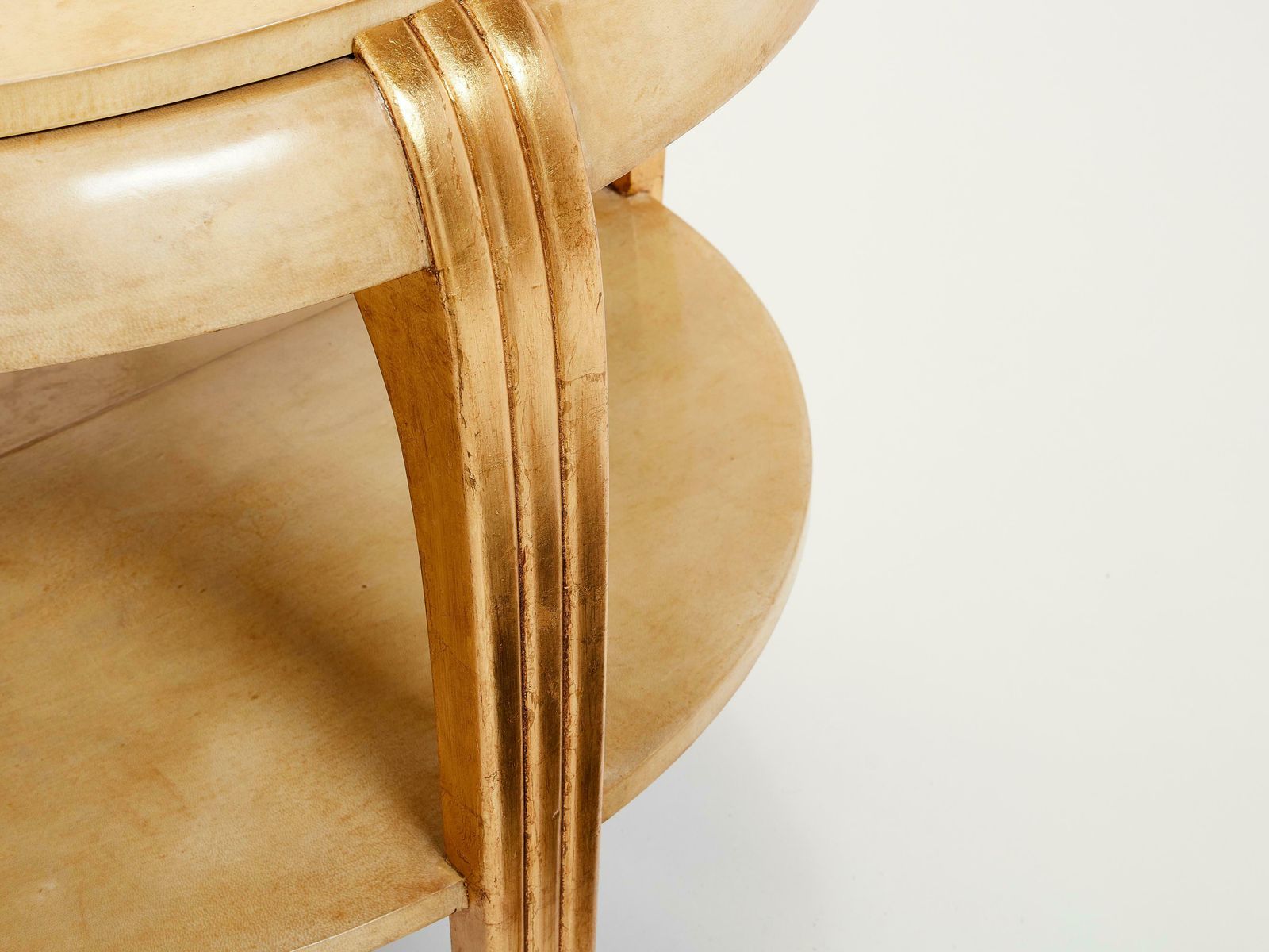 Attr. Maurice Dufrène Gilded Wood And Parchment Gueridon Table 1930s photo for sale
