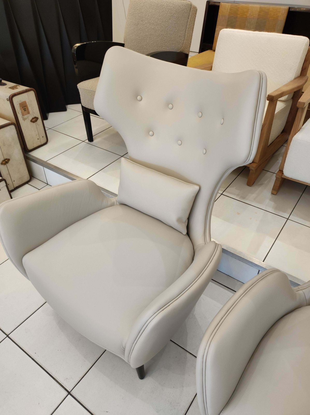 Pair Of French Greige Leather Armchairs photo vintage
