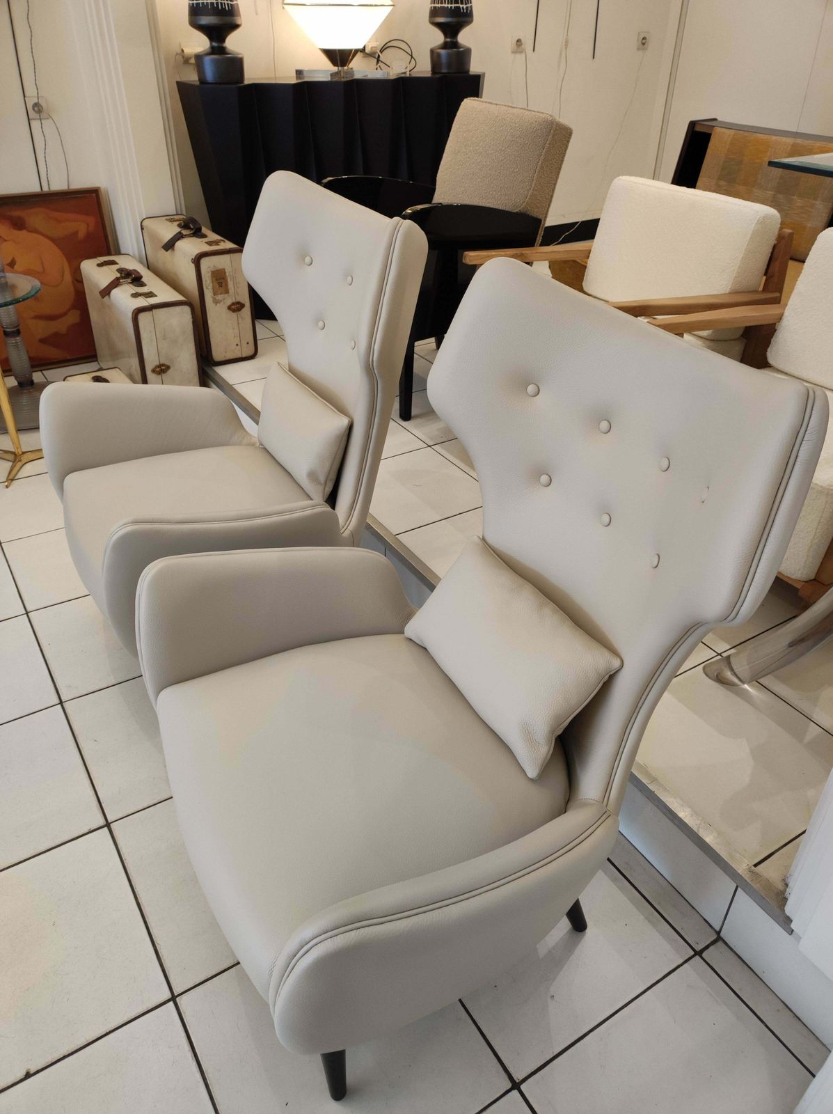 photo for sale Pair Of French Greige Leather Armchairs