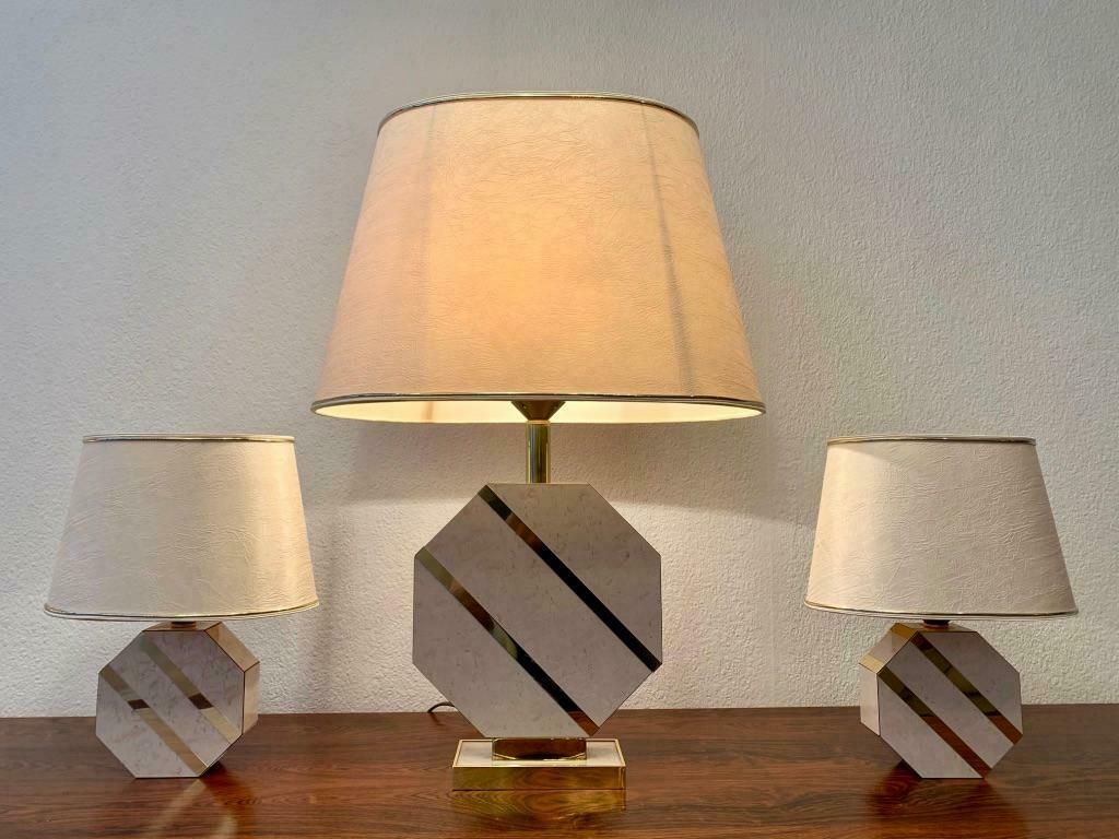 Set Of 3 Brass & Lacquered Wood Octogonal Base Table Lamps, Ca. 1970s photo 2280.0