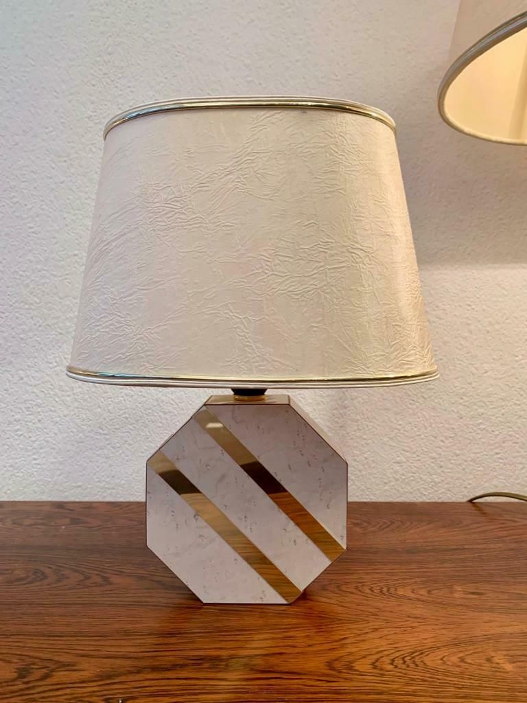 photo furniture Set Of 3 Brass & Lacquered Wood Octogonal Base Table Lamps, Ca. 1970s